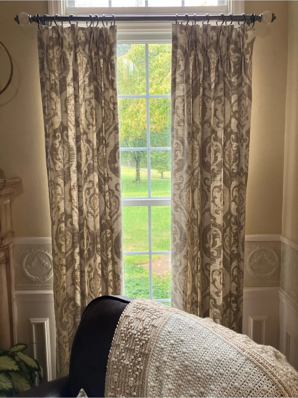 Hand Crafted Neutral Damask Curtain Panels in Beige and Taupe. Lined.